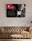 Atatürk 170 Cam Tablo with Turkish flag and inspirational quote, showcasing glass art in a stylish living room.