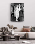 Black and white vintage dance scene displayed on a wall above a stylish living room couch.