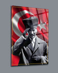 Atatürk 176 cam tablo, UV baskılı, yüksek kaliteli temper cam, özel tasarım, Türk bayrağı arka planı
