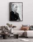 Atatürk black and white portrait in a modern living room decor with stylish furniture and decorative elements.
