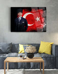 Atatürk 178 Cam Tablo featuring Atatürk with Turkish flag, perfect for home decor, high-quality UV printing on glass.