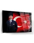 Atatürk portrait on tempered glass with Turkish flag design, high-quality art piece for wall decoration.