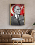 Atatürk 179 Cam Tablo in a stylish living room, featuring a bold design with Turkish flag colors.