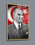 Framed Atatürk portrait against a backdrop of the Turkish flag, showcasing high-quality craftsmanship.