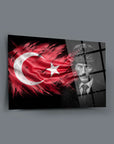Atatürk 182 Cam Tablo with Turkish flag design, durable tempered glass art, UV printed unique wall decor.