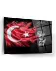 Atatürk 182 Cam Tablo with Turkish flag design, showcasing a high-quality UV print on durable glass.