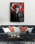Framed black and white portrait of Atatürk against a Turkish flag background in a modern living room setting.