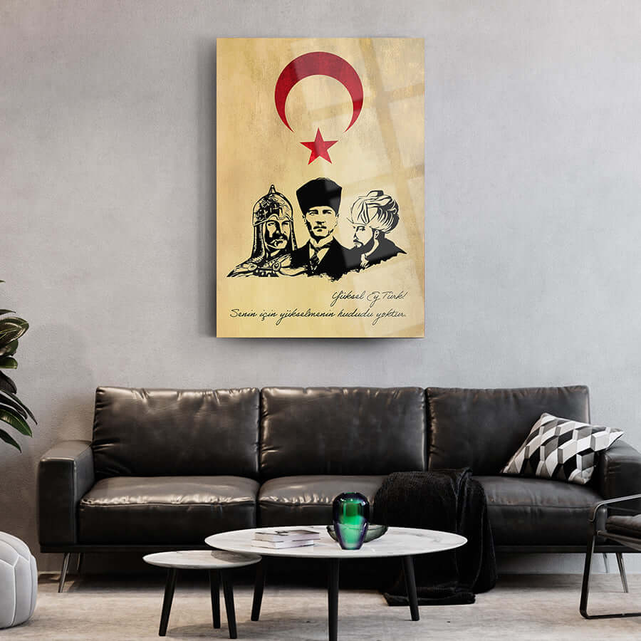 Alparslan Atatürk and Fatih Sultan Mehmet decorative glass art, showcasing Turkish heritage and culture in a modern living room.