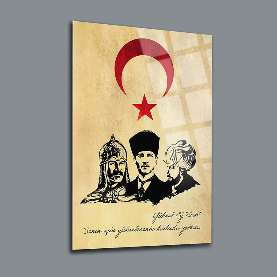 Alparslan Atatürk ve Fatih Sultan Mehmet temalı cam tablo, UV baskı ile tasarlanmış dekoratif sanat eseri.