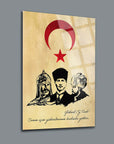 Alparslan Atatürk ve Fatih Sultan Mehmet temalı cam tablo, UV baskı ile tasarlanmış dekoratif sanat eseri.