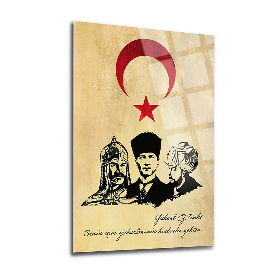 Alparslan Atatürk ve Fatih Sultan Mehmet desenli cam tablo, 4 mm kalınlığında, UV baskı kaliteli tasarım.