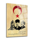Alparslan Atatürk ve Fatih Sultan Mehmet desenli cam tablo, 4 mm kalınlığında, UV baskı kaliteli tasarım.