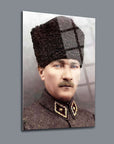 Artistic glass portrait of Atatürk, enhanced with UV printing on durable 4mm tempered glass.
