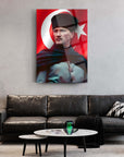 Atatürk-inspired art on 4 mm tempered glass, stylish home decor with Turkish flag backdrop.