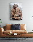 Stylish living room featuring a modern painting of a man in a beige coat, enhancing the decor.
