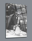Atatürk seated at a table with tea and roses in a historic black and white image, captured on a durable glass panel.