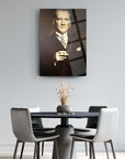 Atatürk 193 tempered glass artwork displayed in modern dining room setting with stylish chairs and table.