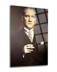 Atatürk 193 high-quality glass plaque featuring a vintage portrait with UV printing, ideal for home decor.