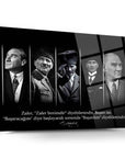 Atatürk 200 Cam Tablo featuring black and white portraits of key historical figures with a motivational quote.