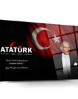 Atatürk 201 Cam Tablo with Turkish flag design and quote, high-quality tempered glass art piece.