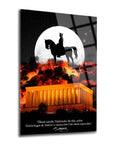 Atatürk 202 Cam Tablo featuring a silhouette of Atatürk on horseback against a dramatic moonlit background.