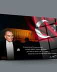 Atatürk 204 Cam Tablo with Turkish flag and Anıtkabir background, featuring inspiring quote by Atatürk.