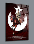 Atatürk riding a horse with a crescent and star background, featuring a motivational quote on glass art.