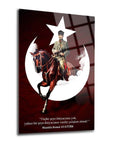 Atatürk 206 Cam Tablo featuring Mustafa Kemal Atatürk on a horse with a crescent moon backdrop, high-quality tempered glass decoration.