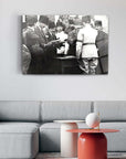 Historical black and white photo display of leaders at a formal event, framed on a modern wall in a stylish living room.