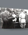 Atatürk and officials at a historic meeting, captured in a high-quality glass art piece showcasing Turkish history.