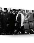 Atatürk and team at Ankara Station in a historical black and white artwork on high-quality glass.