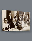 Historical gathering depicted in Atatürk 214 cam tablo, showcasing elegant dining set-up and classic attire.