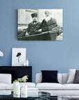 Atatürk 215 Cam Tablo featuring a historic photo of Diyap Ağa and Atatürk, displayed on a modern living room wall.