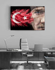 Atatürk 219 Cam Tablo showcasing a vibrant design with Turkey's flag in an office setting.
