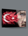 Atatürk 219 Cam Tablo featuring Turkish flag design and a stylized portrait of Atatürk on high-quality glass.