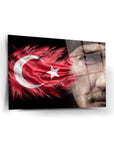 Atatürk 219 Cam Tablo featuring Turkish flag and a close-up of Atatürk's face, high-quality tempered glass art.