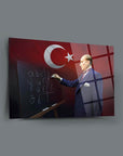 Atatürk teaching with chalkboard, Turkish flag in background, artistic Cam Tablo design
