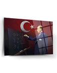 Atatürk 221 Cam Tablo featuring Atatürk teaching with a Turkish flag background, high-quality UV-printed glass art.
