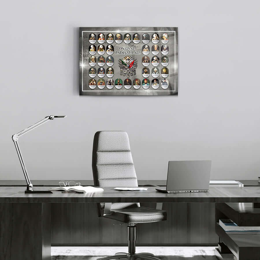 Osmanlı Padişahları cam tablo, UV baskı, ofis dekoru, modern tasarım, kaliteli 4 mm cam