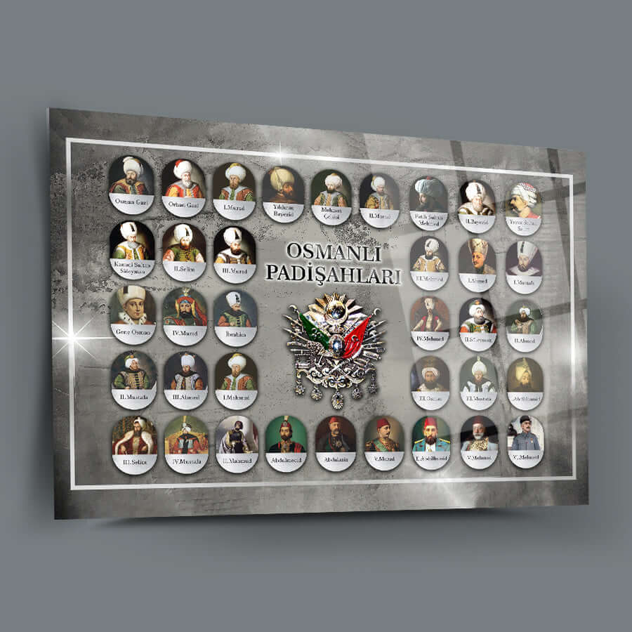 Osmanlı Padişahları cam tablo, yüksek kaliteli UV baskı ile tasarlanmış, 4 mm kalınlığında temperli cam.