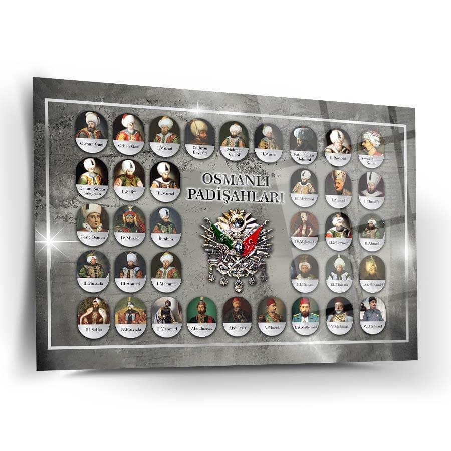 Osmanlı Padişahları - Cam Tablo, yüksek kaliteli UV baskılı oymalı tasarım, 4 mm kalınlığında temperli cam.