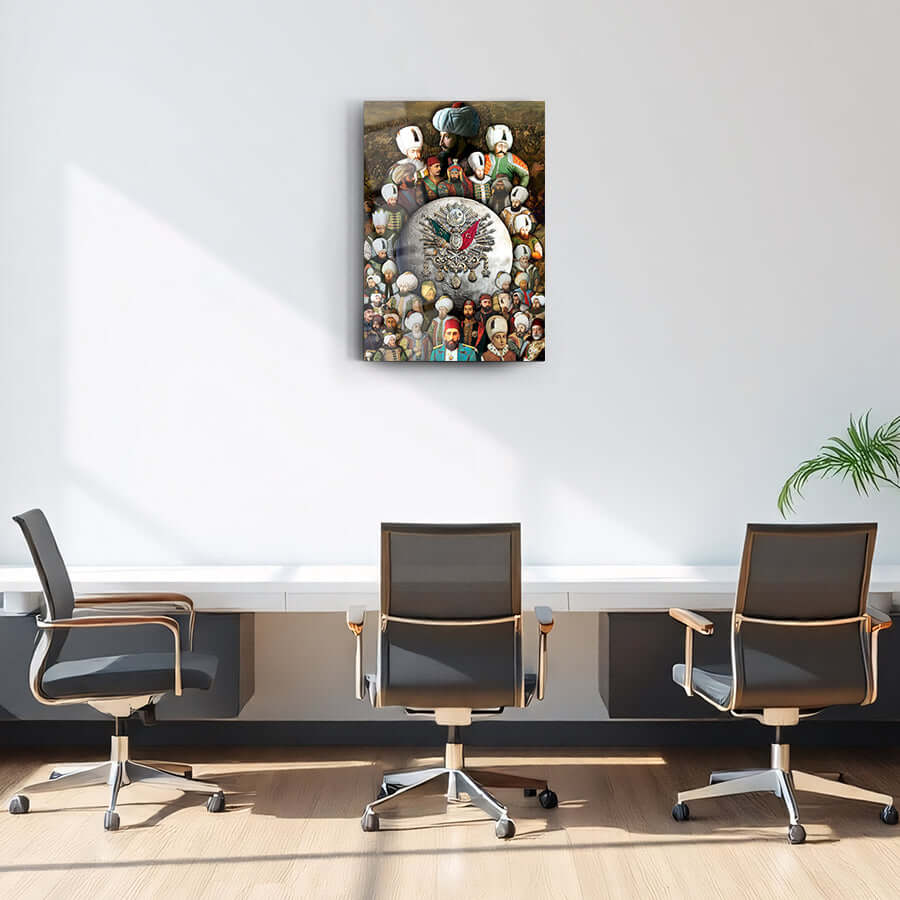Osmanlı Padişahları 2 cam tablo, modern ofis dekorasyonunda dikkat çekici bir sanat eseri.