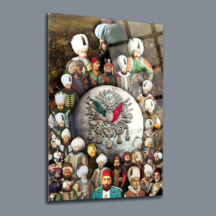 Osmanlı Padişahları cam tablo, özel UV baskı ile tasarlanmış zarif dekorasyon ürünü.