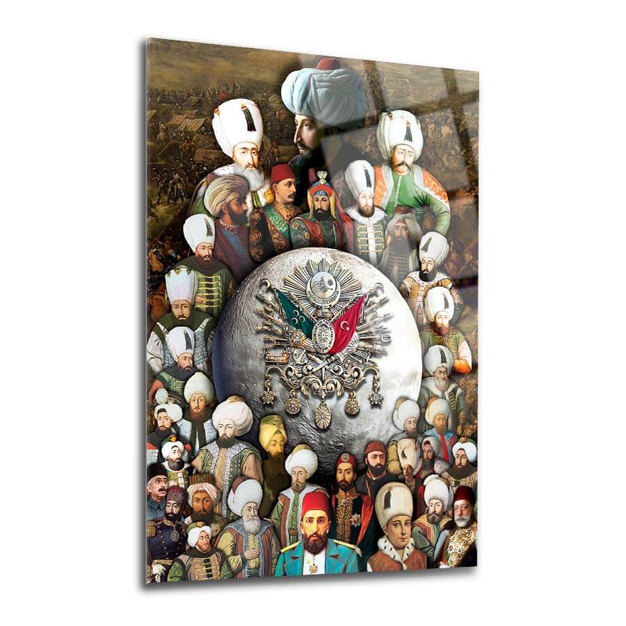 Osmanlı Padişahları cam tablosu, yüksek kaliteli UV baskı ile şık dekoratif sanat eseri.