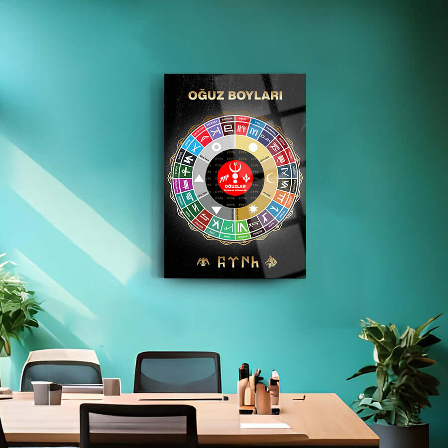 Oğuz Boyları cam tablo, modern tasarım, 4mm kalın, yüksek kaliteli düz cam, UV baskı, ofis dekoru.