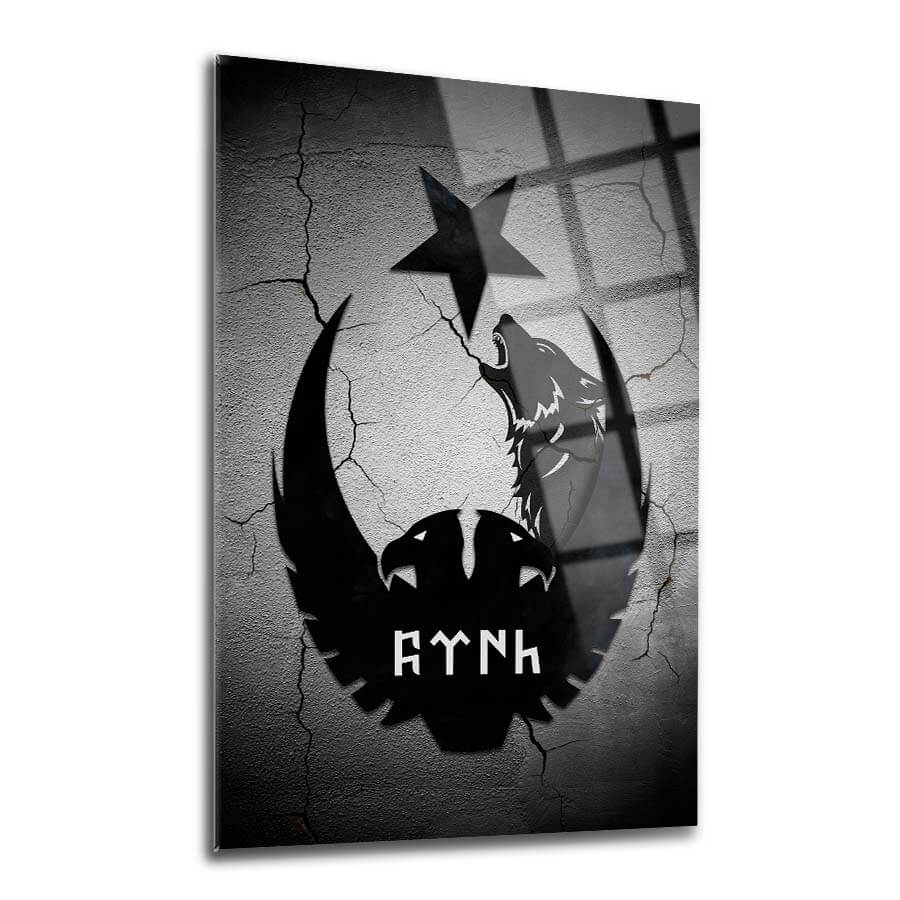 Çift başlı kartal ve kurt figürü içeren şık cam tablo, modern dekorasyon için ideal.