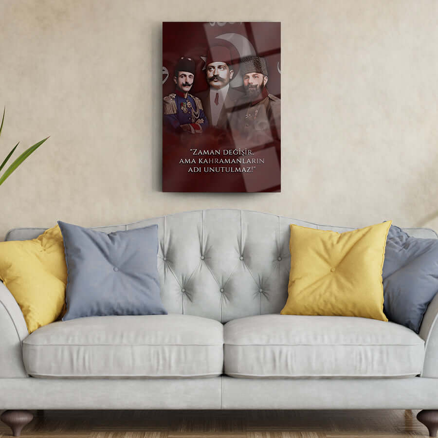 Enver Talat Cemal Paşalar cam tablo, şık oturma odası dekoru için UV baskı ve kaliteli cam malzeme.