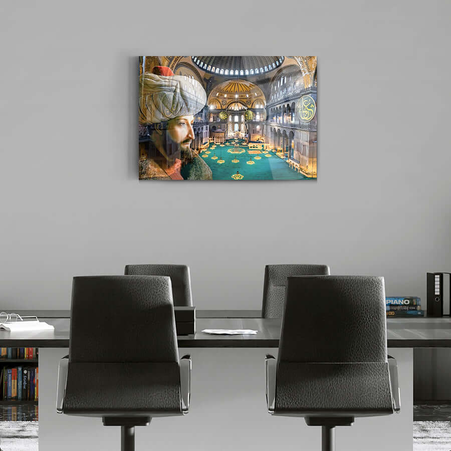 Fatih Sultan Mehmet Ayasofya Cam Tablo, 4 mm kalınlığında, özel tasarım ve UV baskı ile yüksek kaliteli. Dekoratif sanat eseri.