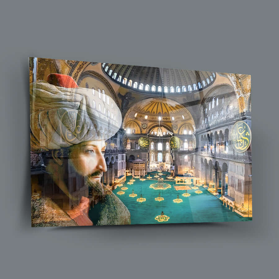 Fatih Sultan Mehmet Ayasofya glass panel artwork featuring interior view and historical figure, high-quality UV print.