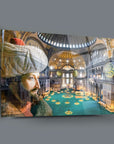 Fatih Sultan Mehmet Ayasofya glass panel artwork featuring interior view and historical figure, high-quality UV print.